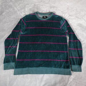 Stussy Velour Striped Sweatshirt Mens Small Crewneck Streetwear Green Pink